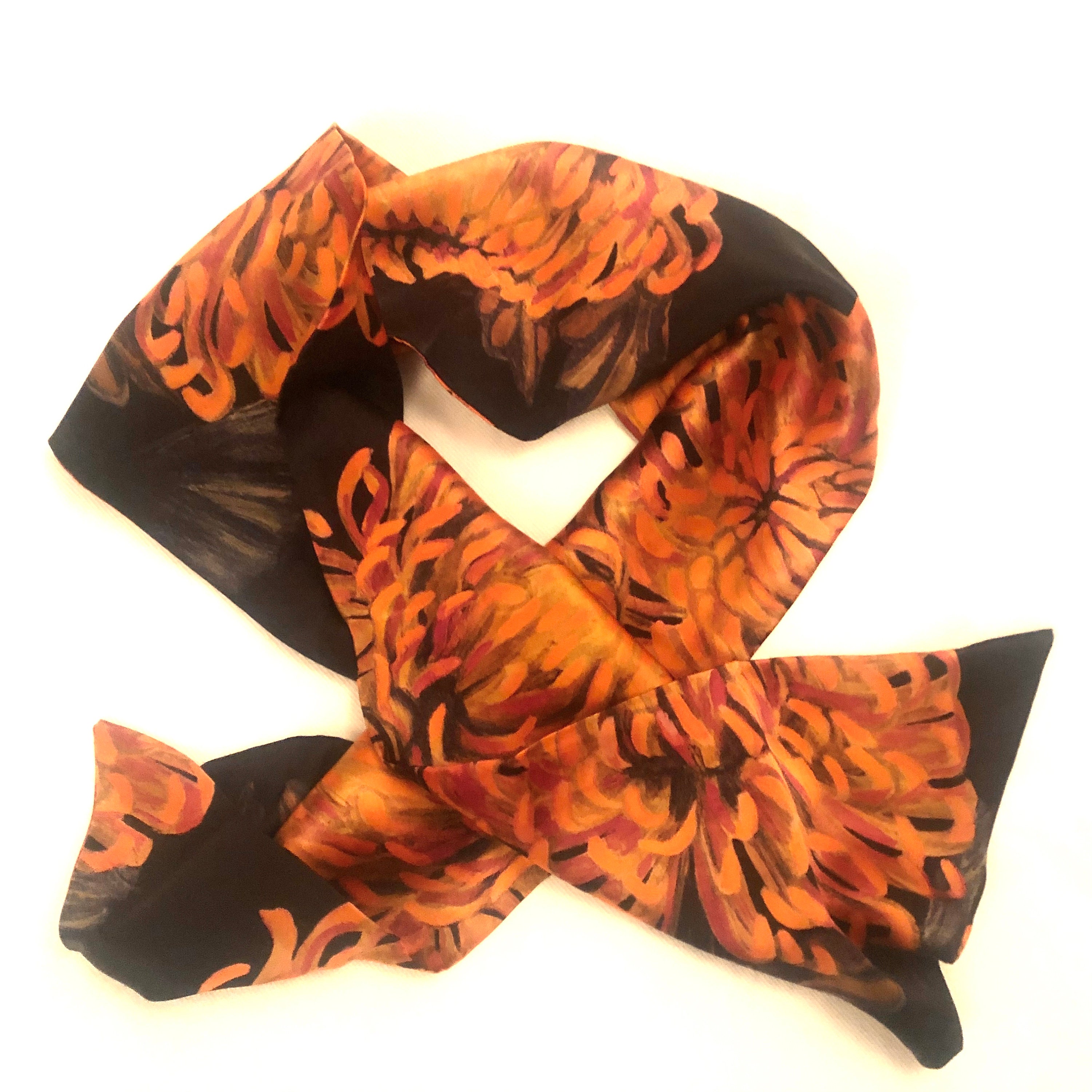 Orange Floral Silk Neck Scarf Versatile Long Style Luxury Etsy