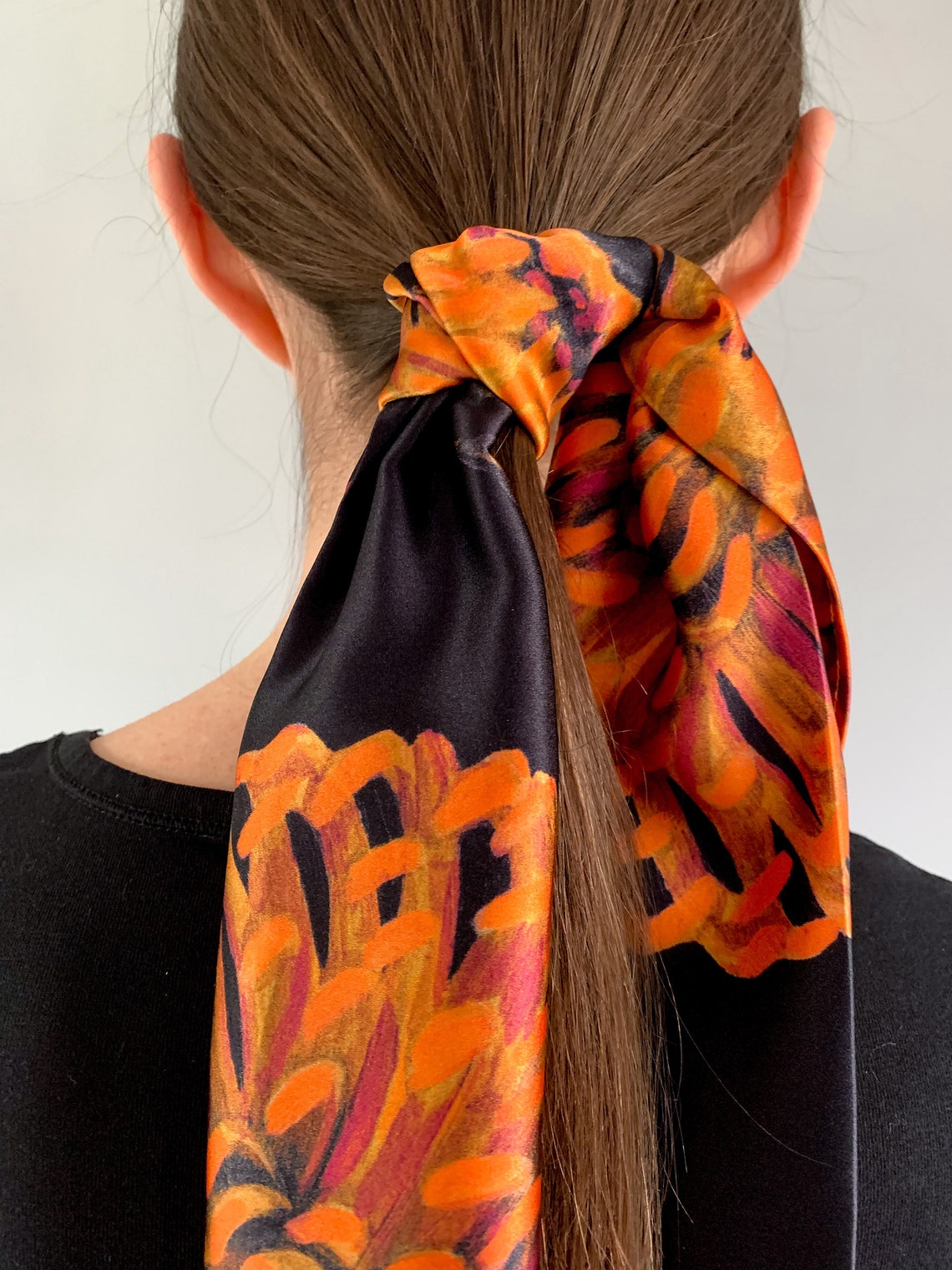 Orange Floral Silk Neck Scarf Versatile Long Style Luxury Etsy