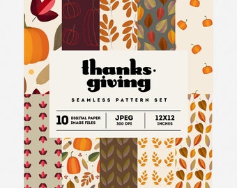 Thanksgiving background seamless pattern set. Fall textures digital paper printable. Autumn leafs and pumpkin clipart templates.