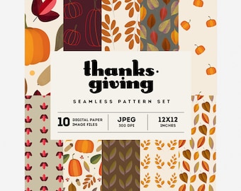 Thanksgiving background seamless pattern set. Fall textures digital paper printable. Autumn leafs and pumpkin clipart templates.