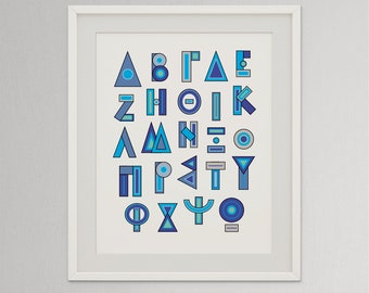 Greek Alphabet Printable, Blue Greek ABC Letters, Kids Room or nursery digital download art poster, Learning Greek, Baptism Gift for Boy