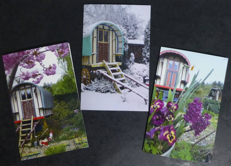 Garden Set of 3 Gypsy Caravan Greeting cards Card Blank Cards Romany Stationary Birthday Card Wagon Vardo Caravan Flowers