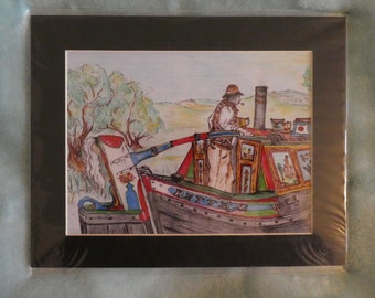 10x8" Mr. BARGE - Narrowboat Print - Old Workingboat - On Black Mount - Ready to Frame - Canal - Waterways - Rivers - Old Boats