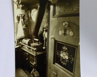 Postcard - Sepia coloured -  showing the interior of a Traditional boatman's cabin of a Narrowboat - 6x4 glossy card or print