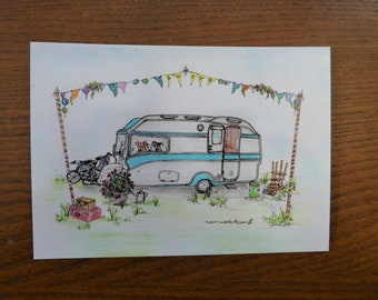 Vintage Caravan - Mini Print - Retro - Safari caravan - Ready to frame - Holiday - Caravan - Hand Drawn Detailed Picture  One of a set