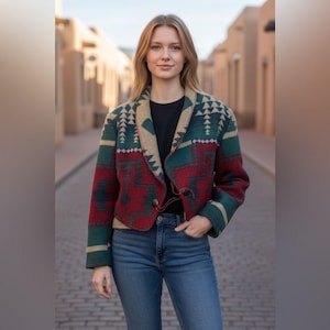 Könnte beinhalten: Gemusterte Jacke in Rot, Grün und Beige mit geometrischem Design. Die Jacke hat einen Knopfverschluss und wird mit einem schwarzen Oberteil und einer blauen Jeans getragen. Das Design erinnert an traditionelle Textilien.