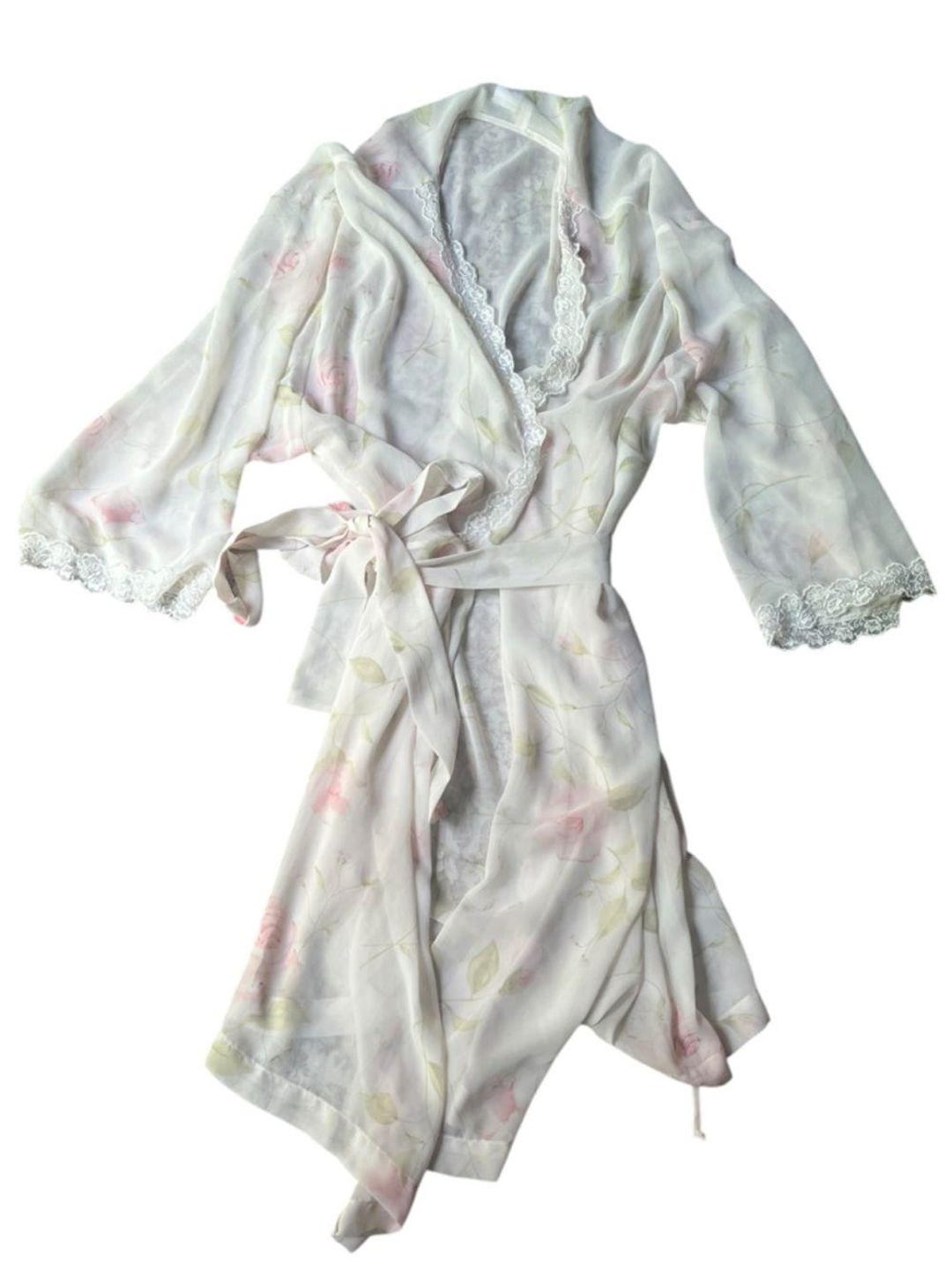 Vintage 90s/00s Sheer Floral Lace-trim Robe - White With Pastel Pink ...