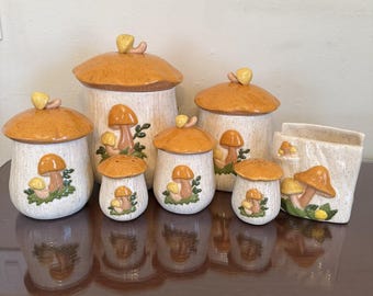 Vintage Arnel’s Merry Mushroom Canisters Lids Ceramic Set 15 Pieces READ DESCR*