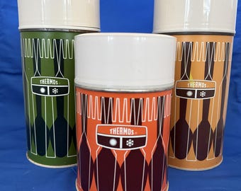 Vintage 1971 Thermos Set with Retro Fork and Spoon Geometric Design