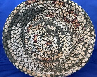 Vtg Rolled Braided Rag Rug Basket Bowl Granny Core Farmhouse Shabby Quilted 12”