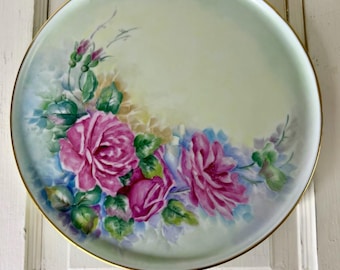 Antique Hand-painted Bavaria Porcelain Plate Pink roses and Delicate Gold Rim
