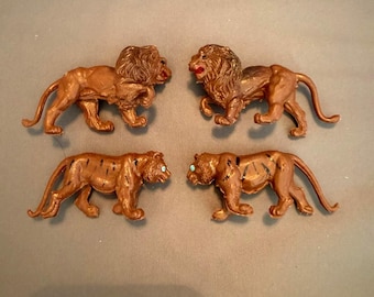 Vintage Figurines miniatures de lion et de tigre à l'échelle 1:12, plastique doré peint à la main