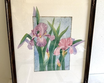 Aquarelle originale d'iris roses signée par Barbara Hughes, mat encadré