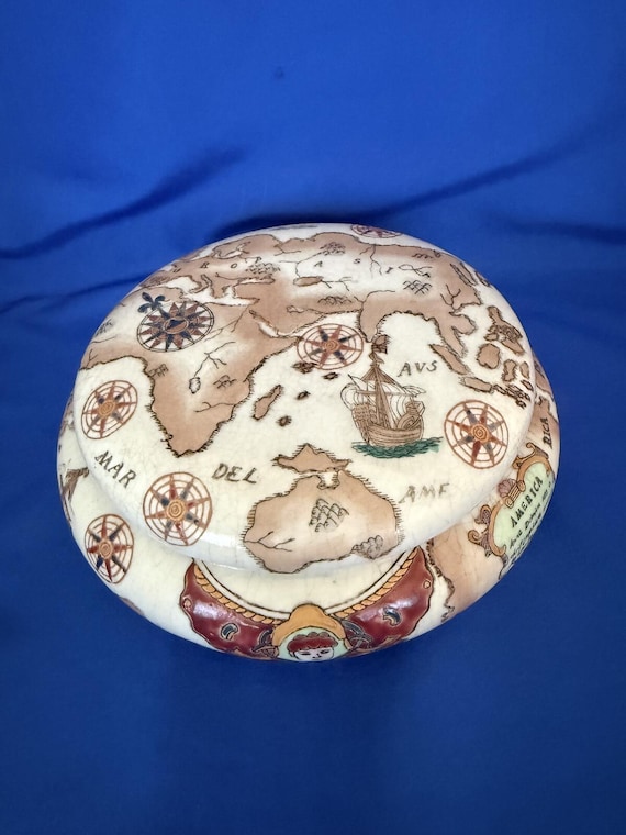 Porcelain Ceramic Round Painted Worldmap Trinket Box