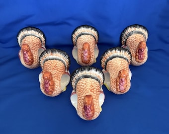 VTG Ceramic Turkey Set Of 6 Napkin Rings Holders