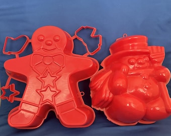 Lot de 2 moules à gélatine bonhomme de neige et bonhomme en pain d'épice VTG Noël années 80
