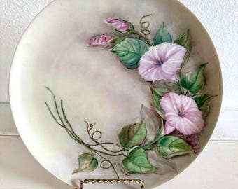 Assiette décorative bavaroise allemande VTG en porcelaine peinte à la main MCM avec fleurs roses