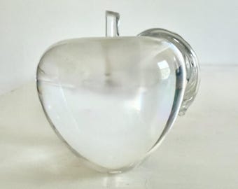Clear Glass Apple Paperweight Vintage Full Lead Crystal Leaf ASTRAL KOREA