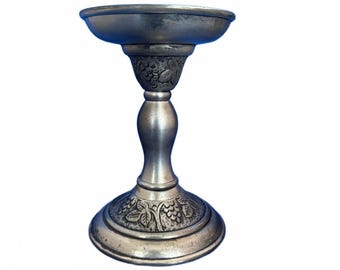 Vtg Pottery Barn Candle Holder Silver Metal Grape Design 6" Pillar Taper Holder