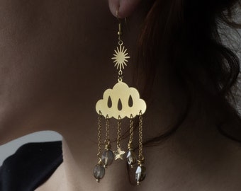 boucles d'oreilles nuage  et gouttes en laiton