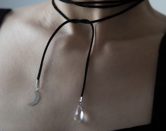 collier tour de cou en faux daim - pendentif  lune et perle  en acier inoxydable