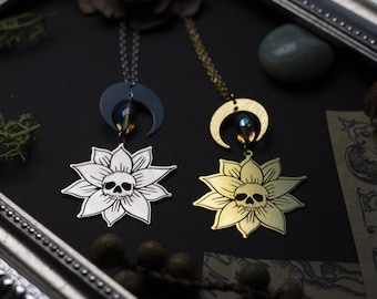 collier pendentif tête de mort et fleur en acier inoxydable