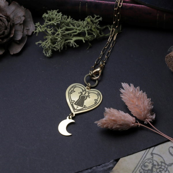 collier pendentif cadenas et lune en laiton