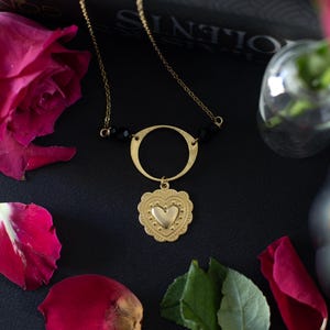 heart and black pearl choker necklace, ex voto style