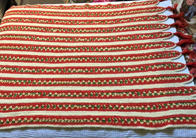 Unique Fall Colored Croched Lap Blanket With Tassels