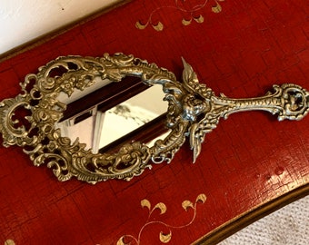 Vintage Hand Mirror Heavy Brass Mirror Angel