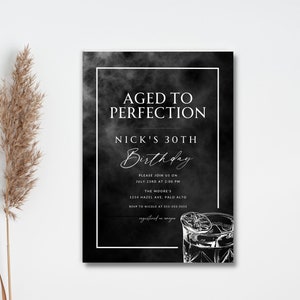 Whiskey Birthday Party Invitation | Adult Birthday Invite | Canva Digital Download | Editable Template Black Modern Minimal | 30th 40th