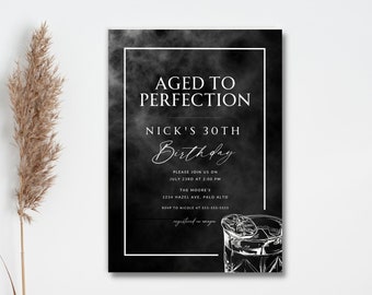Invitation à la fête d’anniversaire du whisky | Invitation d’anniversaire adulte | Téléchargement numérique Canva | Modèle modifiable Noir Moderne Minimal | 30 40
