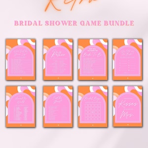 Bridal Shower Games Bundle, Modern Bridal Shower Bundle, Pink Orange Bridal Shower, Editable Bridal Canva Template Wavy Shape Modern