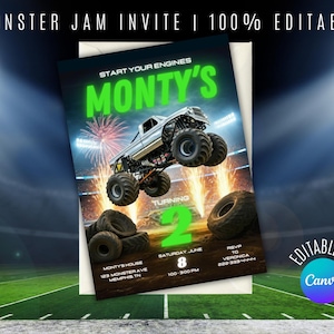 Monster Jam Birthday Invitation, Editable Canva Template, Digital Template, Instant Download, Printable Monster Truck Theme Party Invite