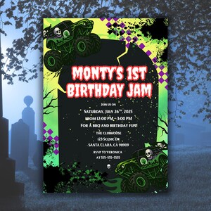 K&ouml;nnte beinhalten: Eine schwarz-gr&uuml;ne Geburtstagseinladung mit dem Text "Monty's 1st Birthday Jam". Die Einladung zeigt Monster-Truck-Grafiken und Veranstaltungsdetails, einschlie&szlig;lich Datum, Uhrzeit und Ort.