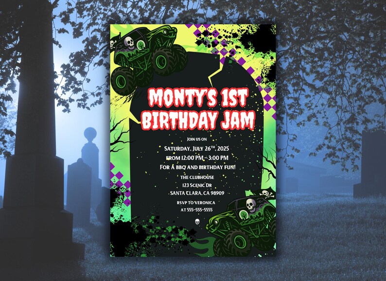 K&ouml;nnte beinhalten: Eine schwarz-gr&uuml;ne Geburtstagseinladung mit dem Text "Monty's 1st Birthday Jam". Die Einladung zeigt Monster-Truck-Grafiken und Veranstaltungsdetails, einschlie&szlig;lich Datum, Uhrzeit und Ort.