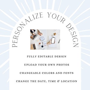 May include: A graphic with a white background and a blue sunburst design. The text "PERSONALIZE YOUR DESIGN" is in a black semi-circle. Below the text are four bullet points: "FULLY EDITABLE DESIGN", "UPLOAD YOUR OWN PHOTOS", "CHANGEABLE COLORS AND FONTS", and "CHANGE THE DATE, TIME & LOCATION".
