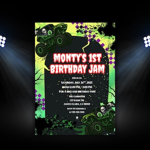 K&ouml;nnte beinhalten: Eine Geburtstagseinladung mit Monster-Truck-Thema. Die Einladung zeigt den Text "Monty's 1st Birthday Jam" in Rot und Wei&szlig;, mit Veranstaltungsdetails und einer Monster-Truck-Grafik. Der Hintergrund ist schwarz und gr&uuml;n.
