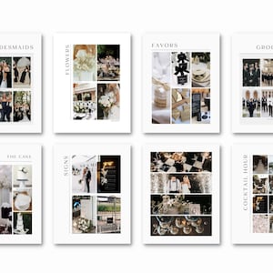 May include: A wedding mood board with images of bridesmaids, flowers, favors, groomsmen, the cake, signs, the cocktail hour, and a black and white checkered dance floor.