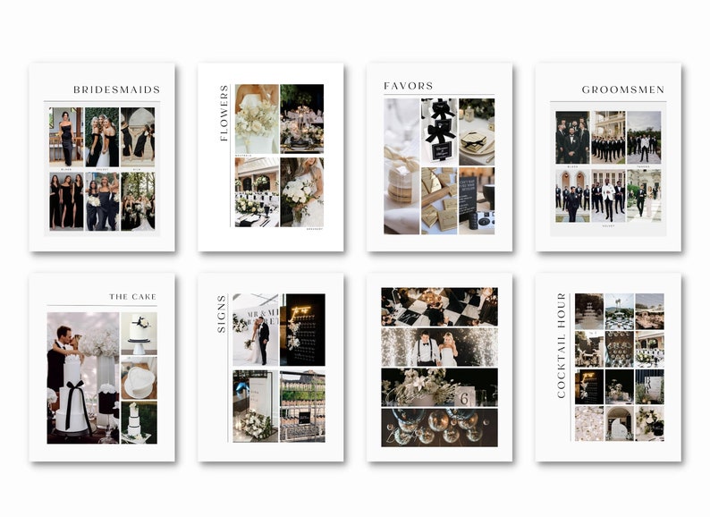 May include: A wedding mood board with images of bridesmaids, flowers, favors, groomsmen, the cake, signs, the cocktail hour, and a black and white checkered dance floor.