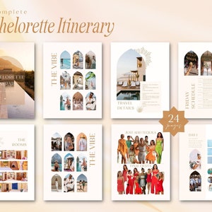 Könnte beinhalten: Ein Bachelorette-Reiseplaner mit einer Collage von Fotos, die einen Pool, eine Wüstenlandschaft und eine Gruppe von Frauen in verschiedenen Outfits zeigen. Die Texte "The Vibe" und "Just Add Tequila" sind auf den Seiten sichtbar. Der Reiseplaner umfasst 24 Seiten.