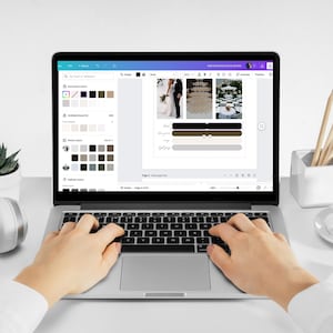 May include: A laptop computer displaying a wedding mood board with photos of a wedding ceremony, reception, and a wedding cake. The mood board also includes a color palette with the colors black, brown, and white.