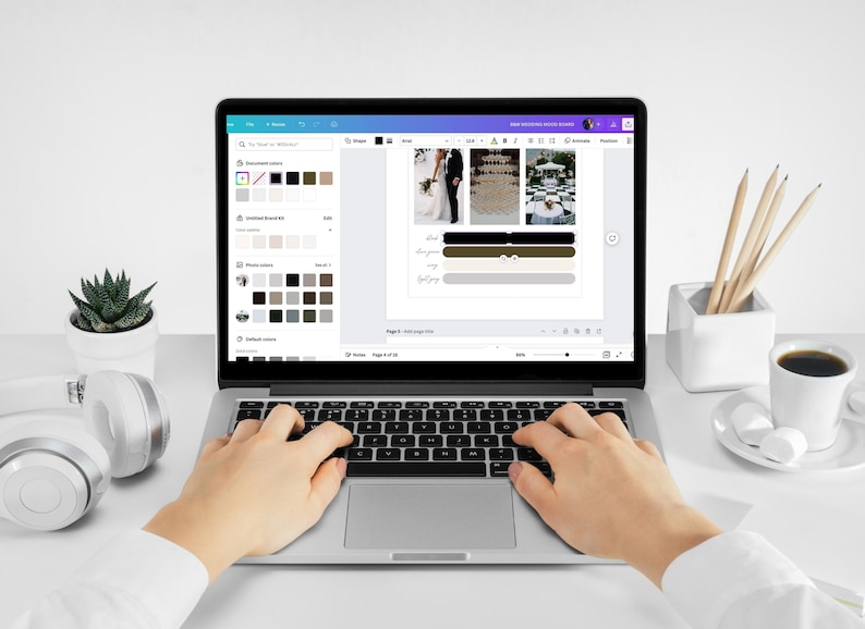 May include: A laptop computer displaying a wedding mood board with photos of a wedding ceremony, reception, and a wedding cake. The mood board also includes a color palette with the colors black, brown, and white.