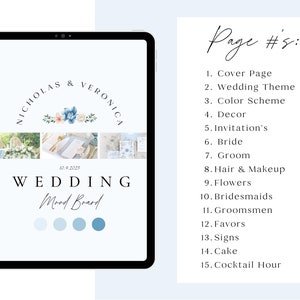 May include: A digital wedding mood board with a blue and white color scheme. The board includes a floral logo, photos of wedding decor, and a color palette.
