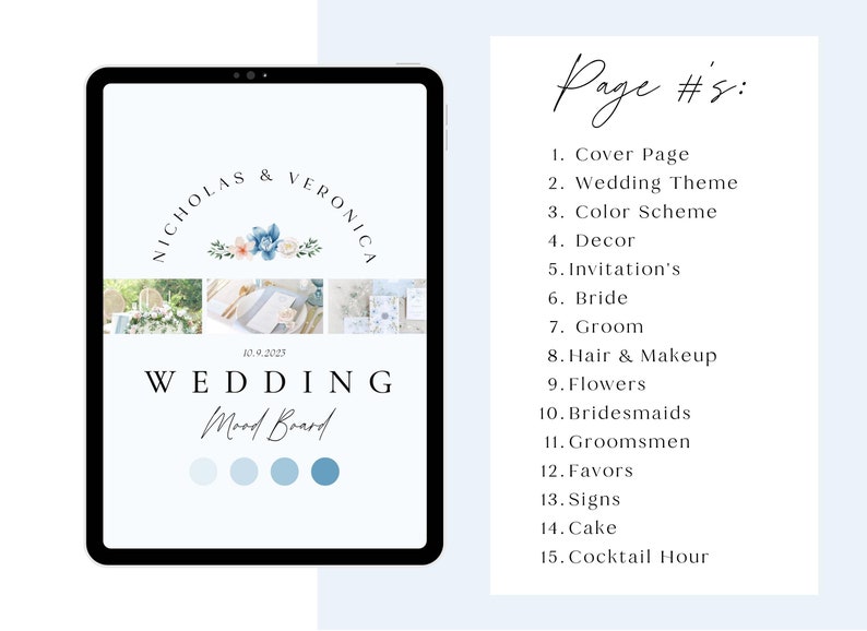 May include: A digital wedding mood board with a blue and white color scheme. The board includes a floral logo, photos of wedding decor, and a color palette.