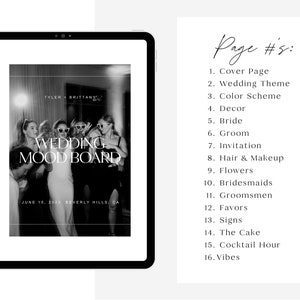 May include: A black and white photo of a group of people at a wedding reception. The photo is on a tablet screen with the text "Wedding Mood Board" and "June 15, 2023 Beverly Hills, CA".