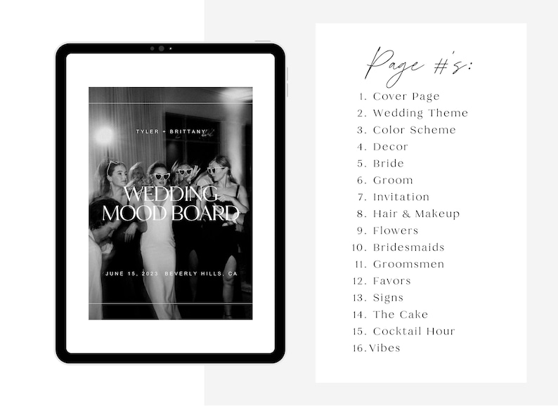 May include: A black and white photo of a group of people at a wedding reception. The photo is on a tablet screen with the text "Wedding Mood Board" and "June 15, 2023 Beverly Hills, CA".