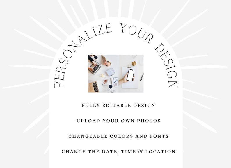 May include: A white background with a black text overlay that reads "Personalize Your Design". Below the text are four bullet points with the following text: "Fully Editable Design", "Upload Your Own Photos", "Changeable Colors and Fonts", and "Change the Date, Time & Location". The image also includes a photo of a person working on a laptop and a phone.