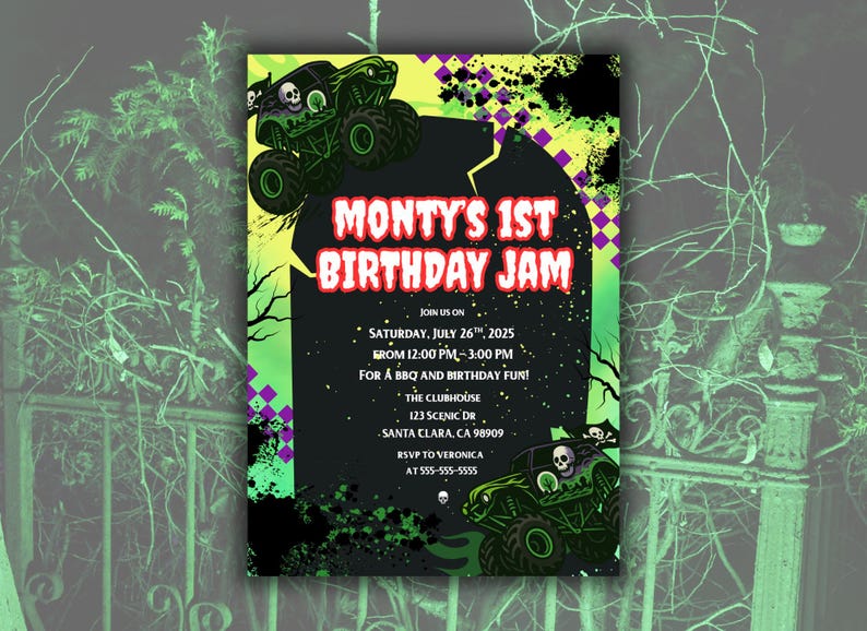 K&ouml;nnte beinhalten: Schwarze Einladung f&uuml;r "Montys 1. Geburtstag Jam" mit gr&uuml;nen und gelben Akzenten. Das Design zeigt Monstertrucks mit Totenkopf-Grafiken. Die Einladung enth&auml;lt Eventdetails: Datum, Uhrzeit, Ort und RSVP-Informationen.
