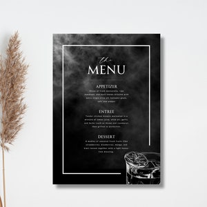 Whisky-Geburtstags-Party-Menü | Geburtstagsmenü für Erwachsene | Canva Digitaler Download | Bearbeitbare Vorlage Schwarzes Modernes Minimal Menü | 30er 40er Menü